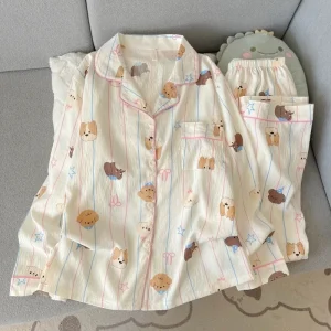 Harajuku Style Kawaii Sweet Loungewear 2 PC Set Line Star Dog Stampa Carino Casual Pigiama da donna Autunno Lungo New Fashion Homewear 1