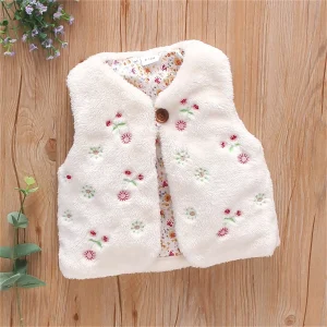 Gilet di pelliccia da ragazza autunno e inverno Cappotto di moda caldo senza maniche con ricamo floreale dolce Top da donna di 0-3 anni 1