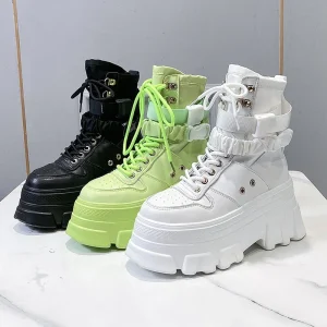 Stivali da moto con piattaforma robusta punk verde 7CM Donna Autunno Inverno Scarpe gotiche Donna Fondo spesso Lace Up Caviglia Botas Mujer 1