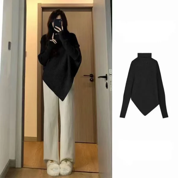 Dolcevita autunno/inverno maglione da donna spesso maglieria casual coreana maglione tinta unita da strada con design con orlo irregolare 6