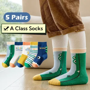 5 Pairs of Socks for Kids Spring Fall Boys Cartoon Dino Socks Class A Cotton Baby Socks Mid-Calf 1