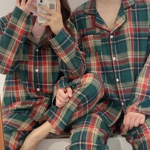 Coppia stile uomo estate e autunno nuovo coreano sciolto confortevole caldo lana abrasiva natale Plaid verde casa indossare pigiama Set 1