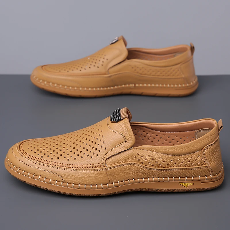 Calzature estive Casual da uomo mocassini da passeggio per il tempo libero da uomo traspiranti mocassini in vera pelle scavano Slip on scarpe da guida maschili 2