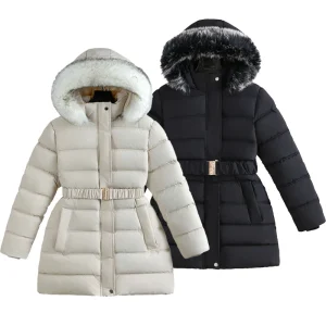 Giacca invernale per ragazze adolescenti stile lungo tinta unita slim fit moda cappello staccabile grande collo in pelliccia con cappuccio mantenere caldo il cappotto per i bambini 1