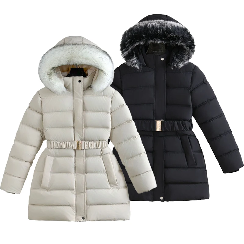Giacca invernale per ragazze adolescenti stile lungo tinta unita slim fit moda cappello staccabile grande collo in pelliccia con cappuccio mantenere caldo il cappotto per i bambini 1