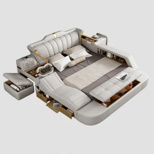 Tech Smart Bed 2 persone con struttura letto king size Queen, vera pelle, massaggio, USB, altoparlante Bluetooth e cassaforte di MINGDIBAO 1