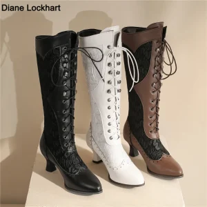 Stivali da donna vittoriani a punta a metà polpaccio Stivali in pelle con pizzo scava fuori Punk Stringhe Strange Steampunk Scarpe con tacco alto Plus Size32-43 1