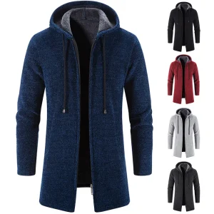 Trench cardigan invernale con cappuccio da uomo Streetwear Giacca a vento tinta unita Moda per il tempo libero Giacca foderata in pile Felpa con cappuccio vintage 1
