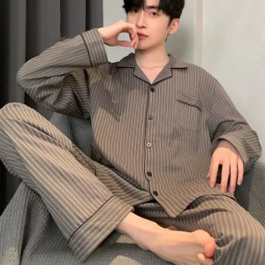 Pigiama Primavera e Autunno Pantaloni a maniche lunghe da uomo Cardigan Risvolto allentato Abiti per la casa di grandi dimensioni Abito primaverile 1