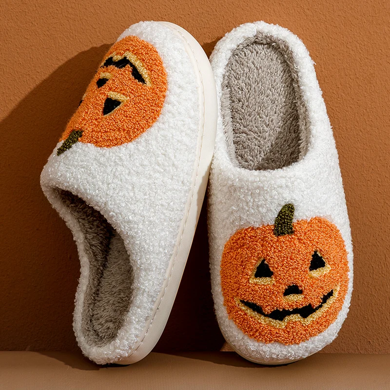 Sorriso zucca Halloween pantofole da donna inverno interno cartone animato comfort casa camera da letto morbido causale scarpe piatte in peluche per regalo 3