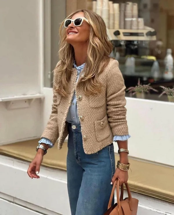 Cappotto da giacca basic in tweed femminile chic Abbigliamento da donna Capispalla in lana Manica lunga Bottone frontale Capispalla femminile Top chic 3