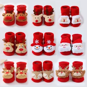Simpatici calzini per bambini lavorati a maglia con bambola di Babbo Natale, per neonati, morbidi pupazzi di neve, cervi, calzini caldi da pavimento, per ragazze, neonati, ragazzi, calzini medi nuovi 1