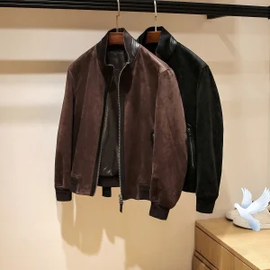 Cappotto da giacca con colletto rialzato in pelle scamosciata elasticizzata composita stile locomotiva di alta qualità da uomo per la moda autunnale e invernale 1