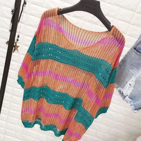 2024 Maglieria Pullover Primavera Estate Donna Maglione a righe sottili Hollow lavorato a maglia femminile Moda retrò Maglione Top Capispalla 4