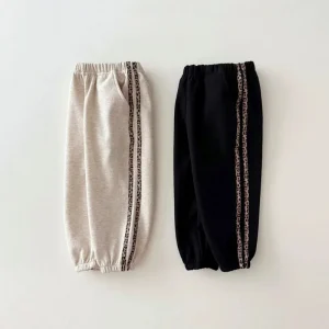HoneyCherry Pantaloni casual sportivi in tinta unita da ragazza in stile coreano autunnale con stampa leopardata e strisce - Pantaloni lunghi con risvolto 1