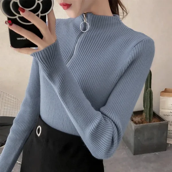 Maglione da donna lavorato a maglia con cerniera a collo mezzo alto Pullover Autunno Inverno Maglioni da donna basic Slim Maglieria solida Pull Femme Top 3