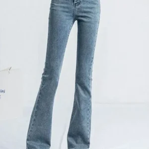 Jeans coreani da donna a zampa d'elefante Pantaloni da ragazza a vita alta con taglio a stivale elastico Lady Pantaloni vintage con fondo a campana in denim blu nero grigio marrone 1