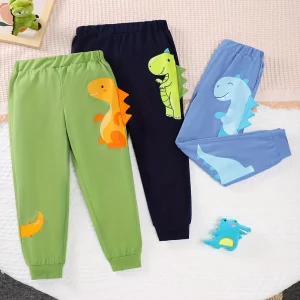 Pantaloni sportivi casual da 3 paia primaverili e autunnali per ragazzi Pantaloni lunghi comodi e morbidi in tinta unita con stampe di dinosauri 1