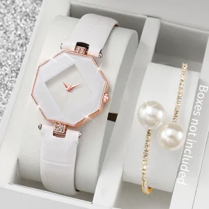2 pezzi di orologi da donna alla moda, cinturino in pelle casual, orologio analogico al quarzo, set di braccialetti di perle (senza scatola) 1