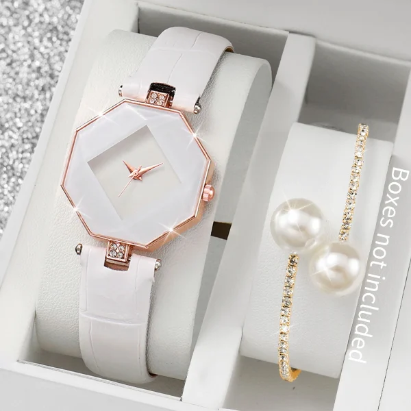 2 pezzi di orologi da donna alla moda, cinturino in pelle casual, orologio analogico al quarzo, set di braccialetti di perle (senza scatola) 1