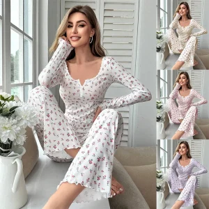 Indumenti da notte da donna con stampa floreale, top con finiture in lattuga e pantaloni lunghi, adorabili indumenti da notte a maniche lunghe, pigiami primaverili autunnali 1