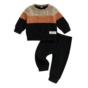 Baby Boy 2 pezzi abiti autunnali manica lunga pantaloni maglione colore a contrasto set vestiti caldi 1