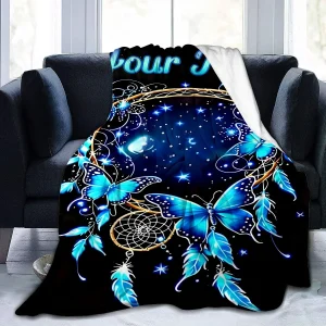 Coperta con nome personalizzato con farfalla colorata da sogno, tessuto di flanella, stampa digitale, morbida e calda, adatta a tutte le stagioni 1