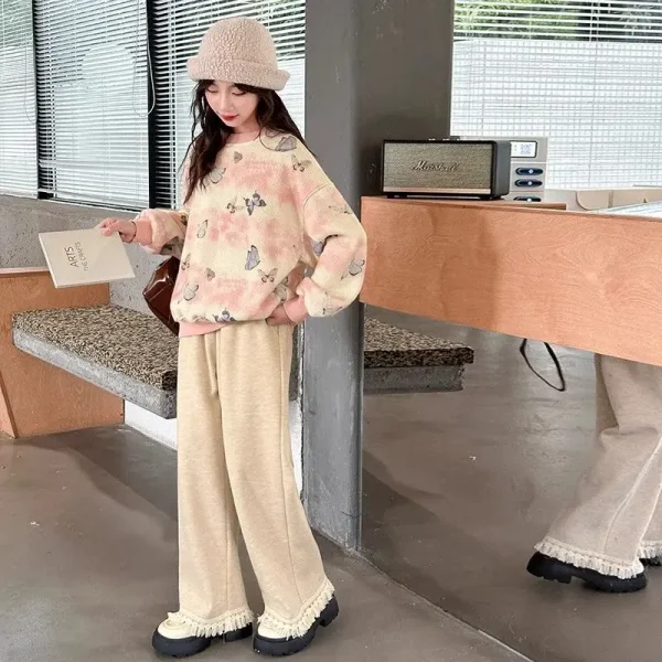 Felpa con cappuccio a farfalla con pantaloni a gamba larga Top e set da 2 pezzi Felpa con fodera in pile Completo per ragazza 6 7 anni Ragazze Autunno Inverno 1