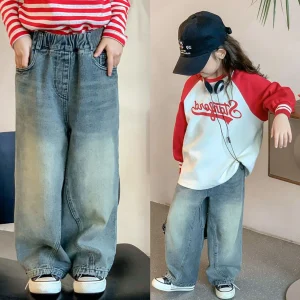 Pantaloni di jeans per ragazze per bambini Autunno Junior Girls Jeans in vita elastica Pantaloni larghi a gamba larga per ragazze per bambini piccoli Pantaloni solidi per ragazza 2-8 anni 1