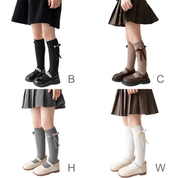 Nuovi calzini a metà polpaccio per ragazze per bambini autunno primavera calze da scuola per bambini in morbido cotone nero bianco calzini con fiocco carino 5