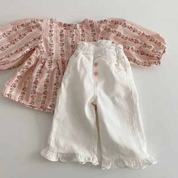 2025 Pantaloni primaverili per ragazze Pantaloni casual a gamba larga con volant per bambini Pantaloni autunnali alla moda per bambini Pantaloni larghi a vita alta a vita alta 1