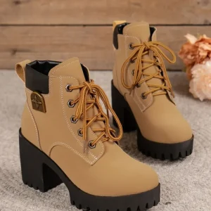 Donne Retro Punta Rotonda Tacchi Grossi Stivaletti Autunno Nuovi Tacchi Alti Scarpe Donna Lace Up Piattaforma Pelliccia Stivaletti Corti di Grandi Dimensioni 42 1