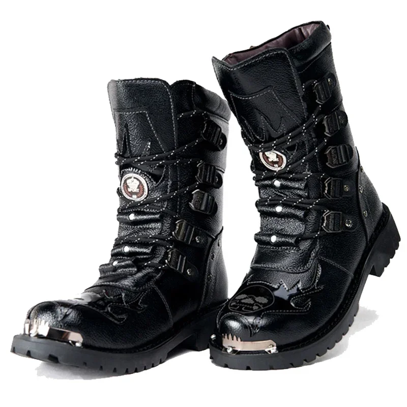 Stivali da moto da uomo invernali nuova moda a metà polpaccio Punk Rock Punk scarpe da uomo in vera pelle nera alta stivali Casual da uomo 38-46 3