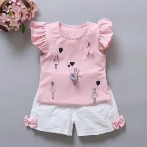 Estate Due Pezzi Vestiti Della Ragazza Set Vestito Del Bambino Volant Manica Corta T-Shirt Pantalone 2 Pezzi Vestito Bello Arco Bambini Costume Casual A515 1