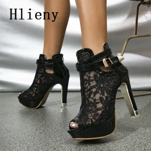 Hlieny autunno Sexy piattaforma in tessuto a rete tacchi alti stivali sandali donna Peep Toe Nightclub Party Stiletto scarpe femminili 1
