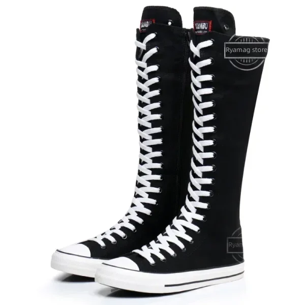 Stivali Scarpe da ginnastica da donna Scarpe alte casual in tela Stivale lungo Cerniera con lacci Comode scarpe da ginnastica piatte Tenis Feminino 2