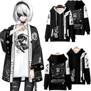 Gioco NieR:Automata stampa 3D uomo/donna moda harajuku felpe con cappuccio felpa pullover a maniche lunghe/t-shirt/pantaloni/pantaloncini/kimono 1