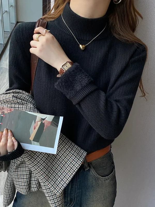 Maglione a collo alto da donna Inverno 2025 Retro con fodera in velluto Abbigliamento interno ispessito Maglia termica con fondo Pullover 5