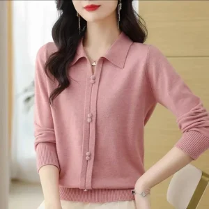 Autunno e inverno da donna 2025 Nuova camicia base ampia alla moda Maglione ampio con colletto polo casual e versatile 1