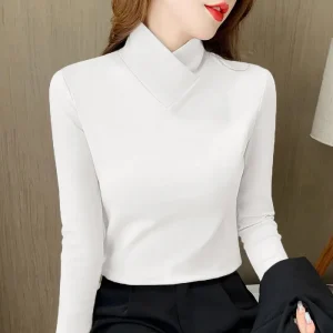 Camicia base nera interna sottile a maniche lunghe Autunno Inverno Design a collo semi-alto da donna 1