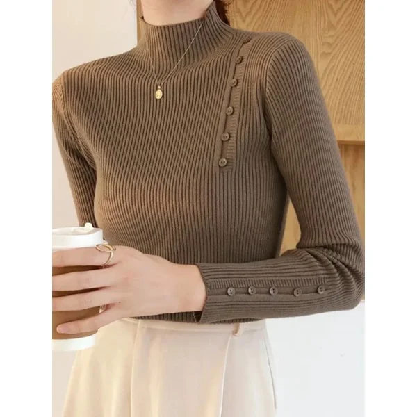 Maglione lavorato a maglia da donna dolcevita con bottoni a maniche lunghe pullover slim per maglioni femminili autunno inverno top morbidi e caldi 1