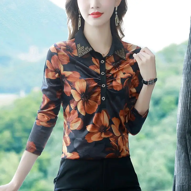 Primavera Autunno Nuova camicia base stampata con colletto polo a maniche lunghe Taglie forti Stomaco che nasconde il temperamento elegante che riduce l'età 6