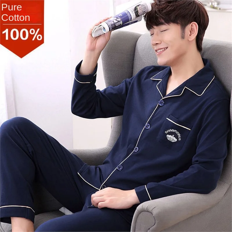 Pantaloni lunghi a maniche lunghe da uomo in cotone autunno e inverno Sezione sottile di pigiama di mezza età Pigiama da notte Completo da casa Pigiama 6