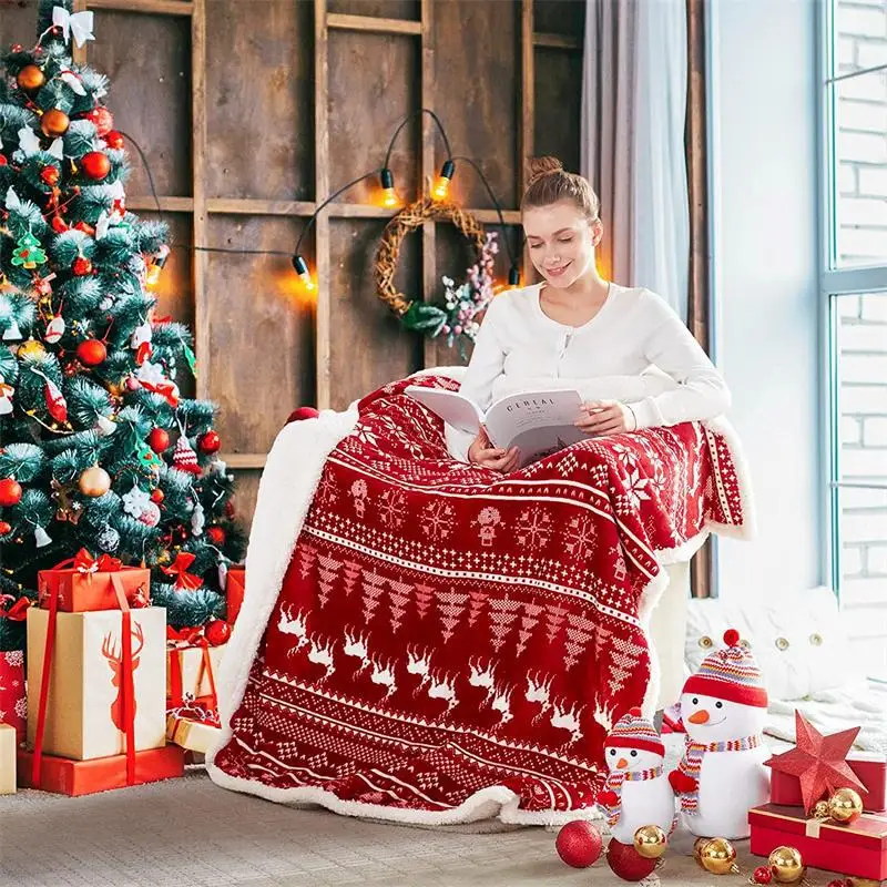 Coperta da tiro con renna natalizia, doppio strato, addensata, soffice, morbida, calda, in pile, flanella, Babbo Natale, pupazzo di neve, coperta, regalo per la casa 4