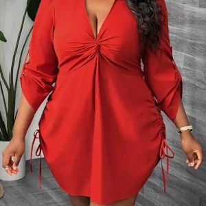 Abito camicia elegante a maniche lunghe da donna taglie forti per lavoro, feste e appuntamenti con coulisse in vita frontale attorcigliata, primavera e autunno 1