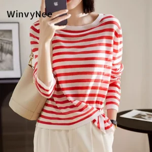 WinvyNee Autunno Abbigliamento donna T-shirt di lana Top Manica lunga O-Collo Maglione a righe Casual Basic Pullover femminili A1107008 1