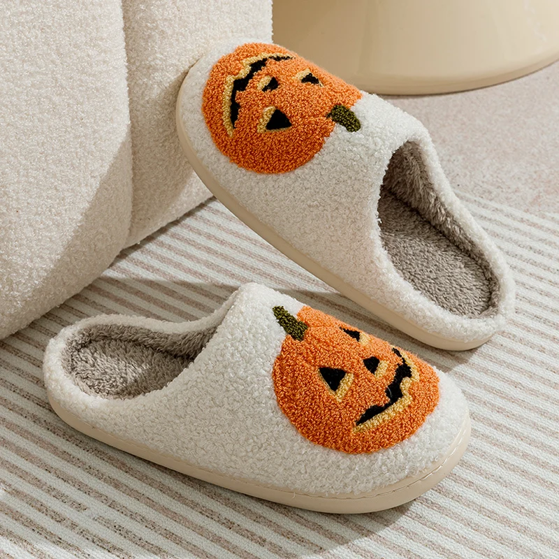 Sorriso zucca Halloween pantofole da donna inverno interno cartone animato comfort casa camera da letto morbido causale scarpe piatte in peluche per regalo 6