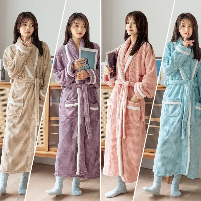 Caldo Autunno Inverno Corallo Pile Accappatoio Manica Lunga Esteso Accappatoio Homewear Accogliente Kimono Doccia Vestaglie Camicia Da Notte Allentata 1