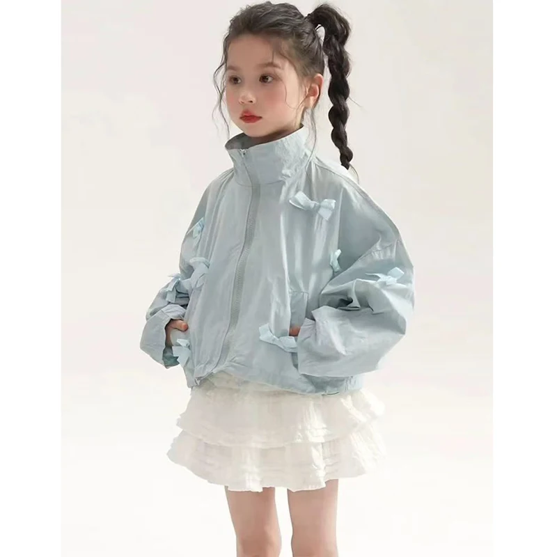 2025 Primavera Autunno Nuove ragazze Giacca per protezione solare Tinta unita Nodo a farfalla Cappotto corto sottile per 4-14 anni Cappotto casual per ragazze adolescenti 2