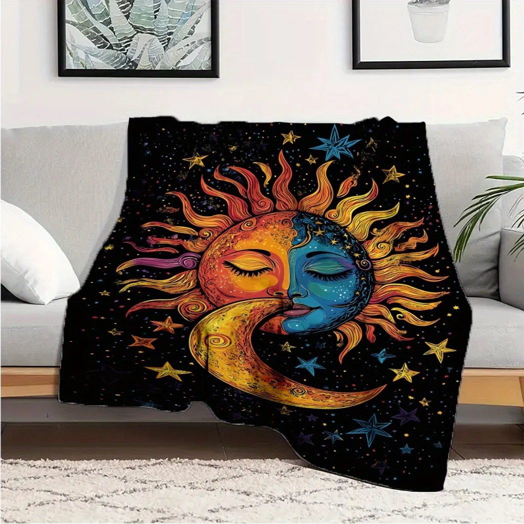 Texture morbida, accogliente coperta in flanella con design sole e luna – Morbido e caldo per divano, letto, ufficio, auto – Ideale per 1